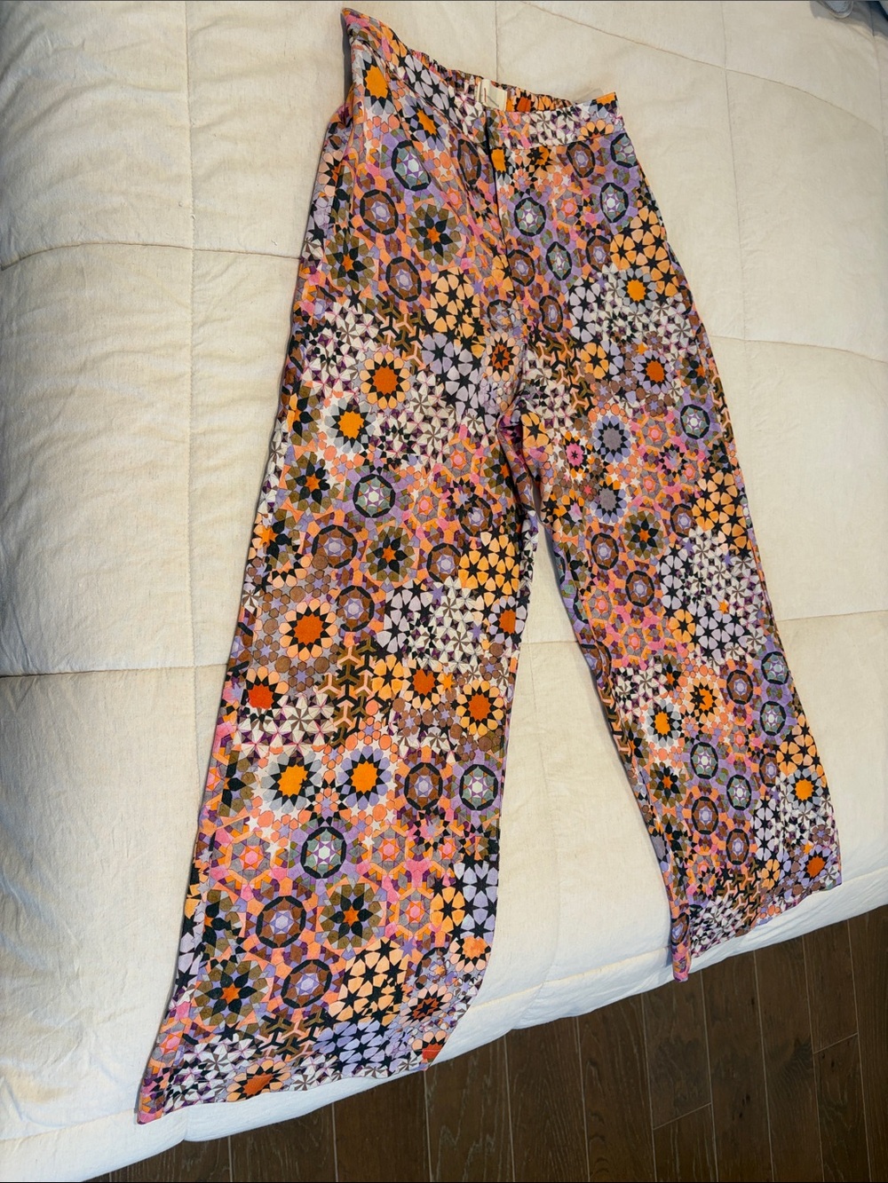 Anthropologie Mosaic-Print Wide-Leg Pants in Orange, Pink, Purple, Cream